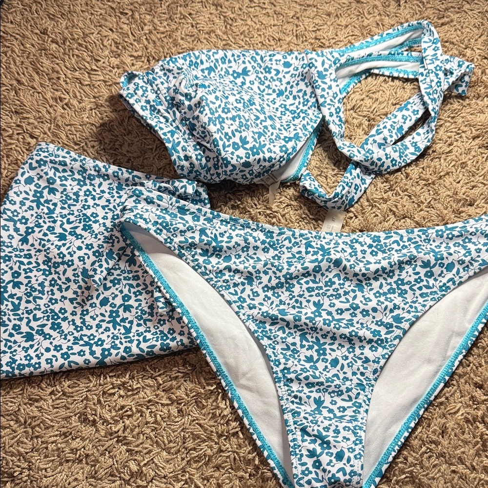Blue and White Floral 3pc Bikini Set